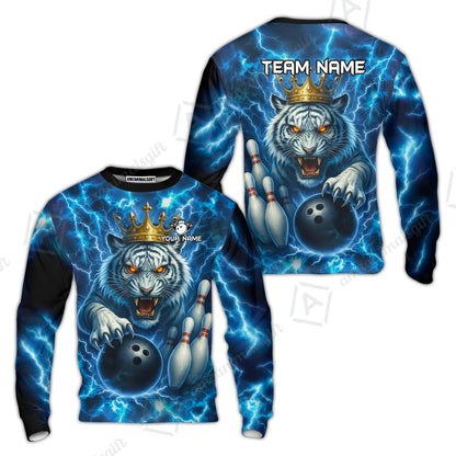 Custom Bowling Team Quarter-Zip Polo Shirt, Bowling White Tiger Lighting Shirt, Personalized Team Shirt with Custom Name