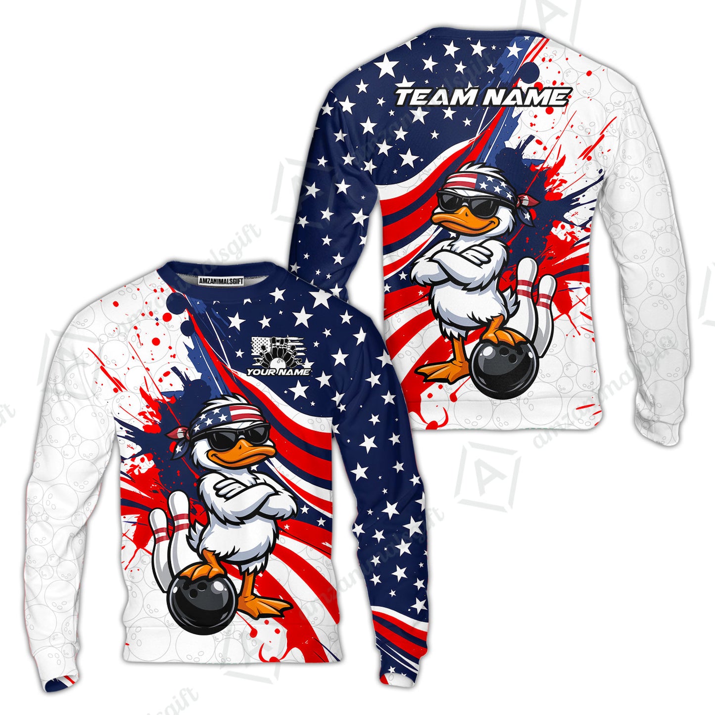 Custom Bowling Jersey Polo Shirt, Patriotic Cool Duckling Mascot, Custom Bowling Jersey Team Shirt For Players With Name and Team Name