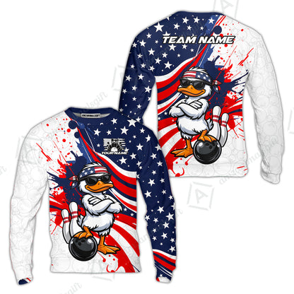 Custom Bowling Jersey Polo Shirt, Patriotic Cool Duckling Mascot, Custom Bowling Jersey Team Shirt For Players With Name and Team Name