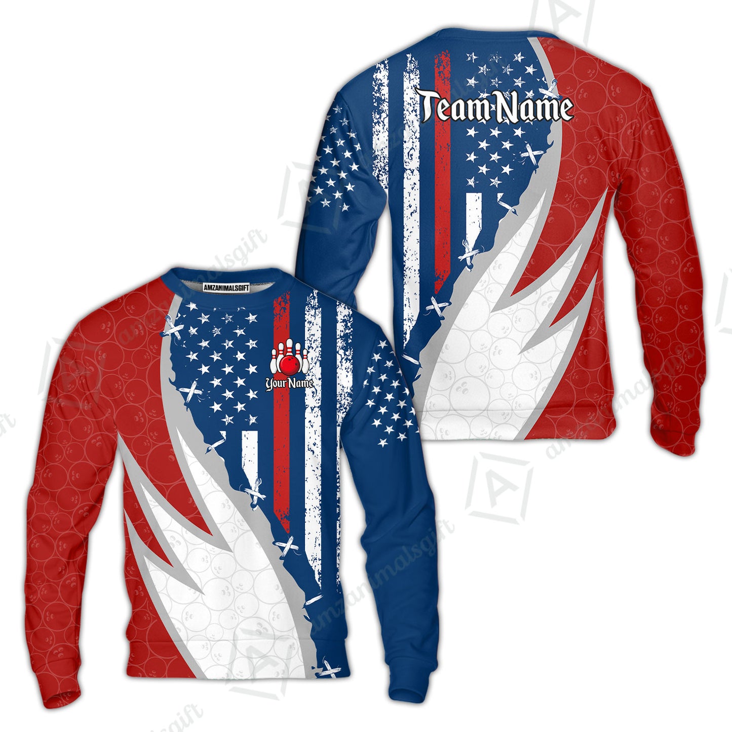 Custom Bowling Jersey Polo Shirt, Thin Red Line With Vintage Distressed American Flag, Personalize Name and Team Name