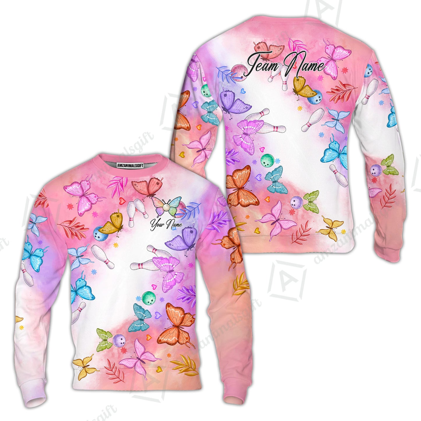 Custom Bowling Jersey Polo Shirt, Whimsical Butterfly Watercolor, Custom Bowling Jersey Team Shirt For Players With Name and Team Name