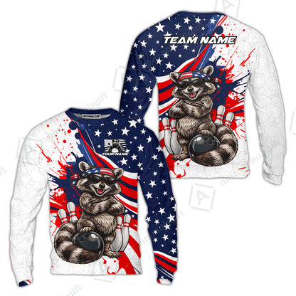 Custom Bowling Jersey Polo Shirt, Patriotic Cool Raccoon Mascot, Custom Bowling Jersey Team Shirt For Players With Name and Team Name