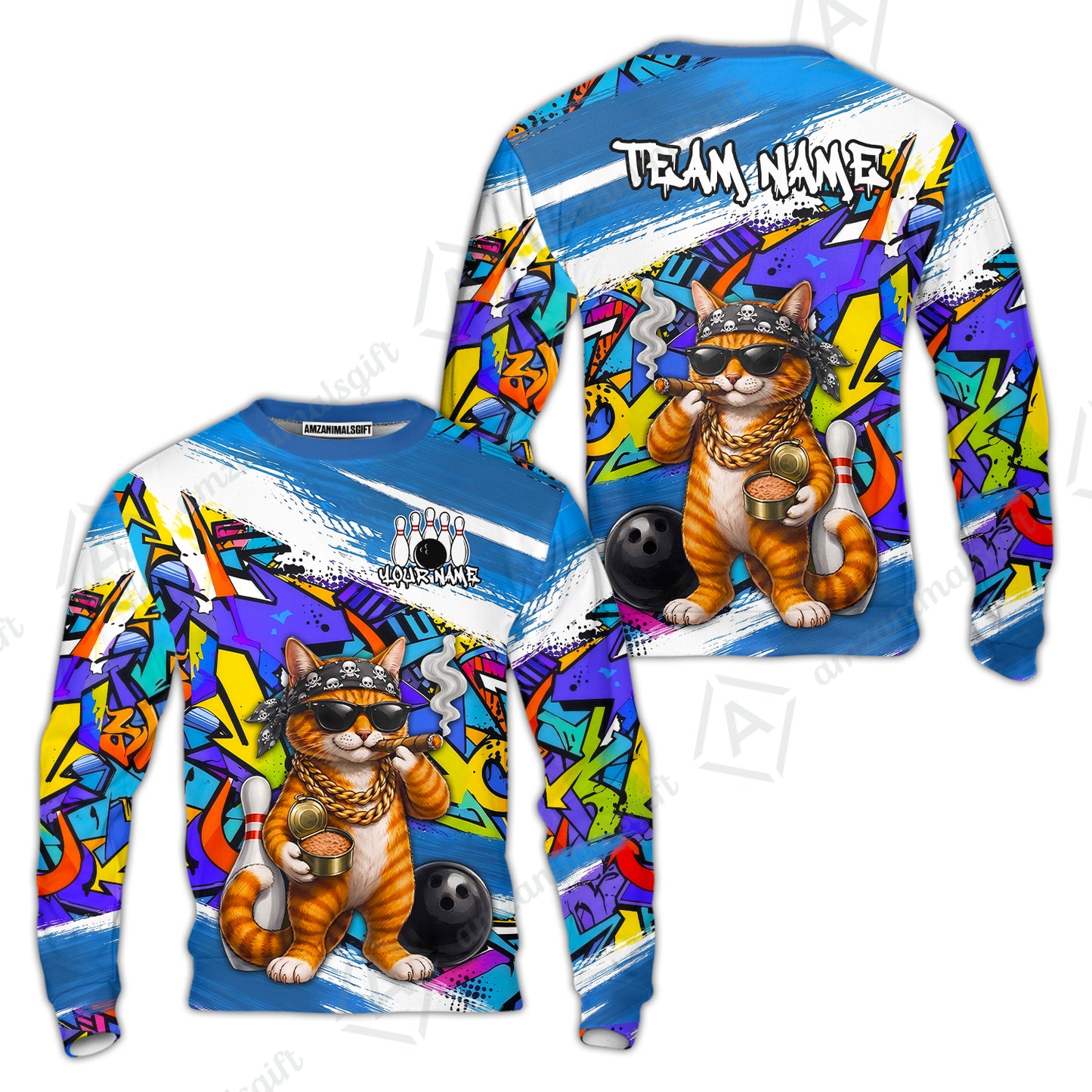Custom Bowling Jersey Polo Shirt, Cat Graffiti Bowling, Personalize Name and Team Name