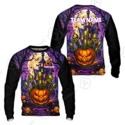 Custom Halloween Bowling Short Sleeve Men Polo Shirt, Halloween Pumpkin Zombie Pins Personalized Shirt with Name and Team Name, Custom Bowling Team Uniforms Jerseys