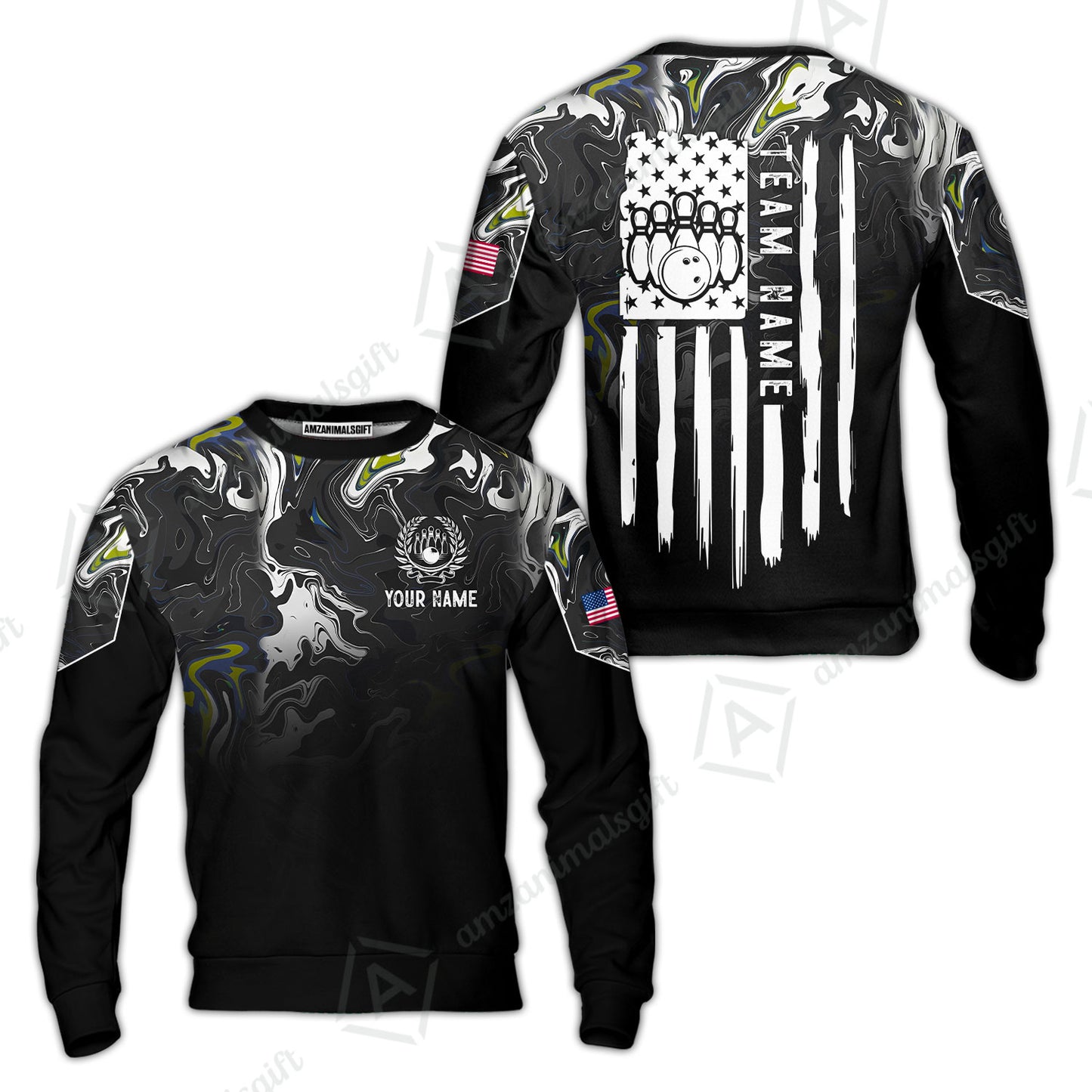 Custom Bowling Jersey Polo Shirt, Monochrome Fluid Marble Patriotic Flag, Custom Bowling Jersey Team Shirt For Players With Name and Team Name