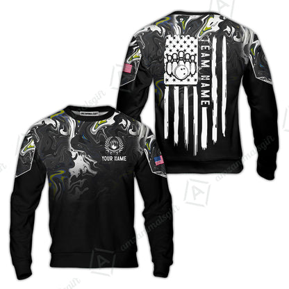 Custom Bowling Jersey Polo Shirt, Monochrome Fluid Marble Patriotic Flag, Custom Bowling Jersey Team Shirt For Players With Name and Team Name