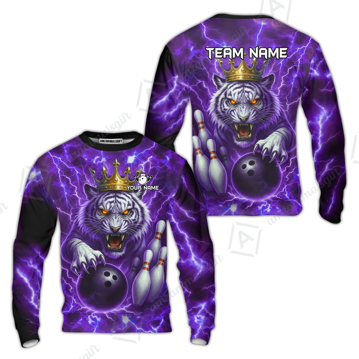 Custom Bowling Team Quarter-Zip Polo Shirt, Bowling White Tiger Lighting Shirt, Personalized Team Shirt with Custom Name