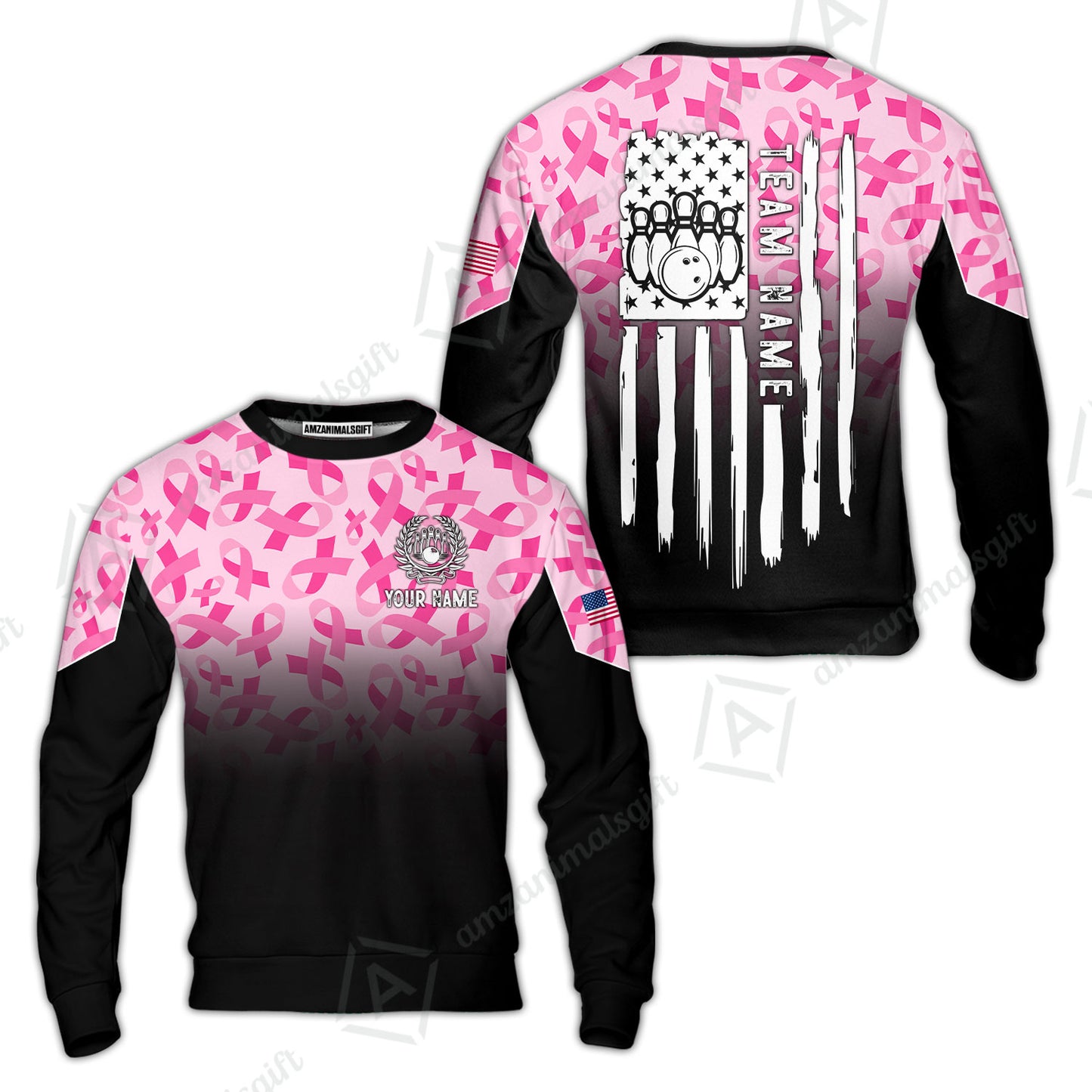 Custom Bowling Jersey Polo Shirt, Ribbon Breast Cancer Awareness Flag, Custom Bowling Jersey Team Shirt For Players With Name and Team Name