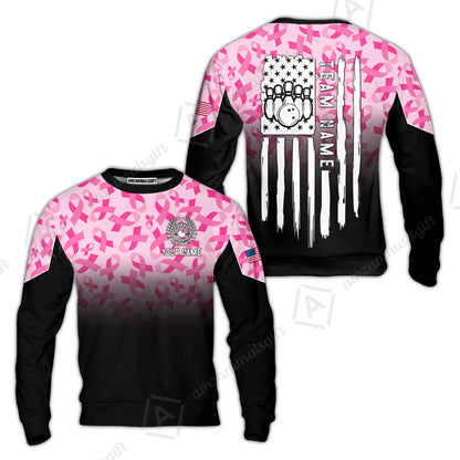 Custom Bowling Jersey Polo Shirt, Ribbon Breast Cancer Awareness Flag, Custom Bowling Jersey Team Shirt For Players With Name and Team Name