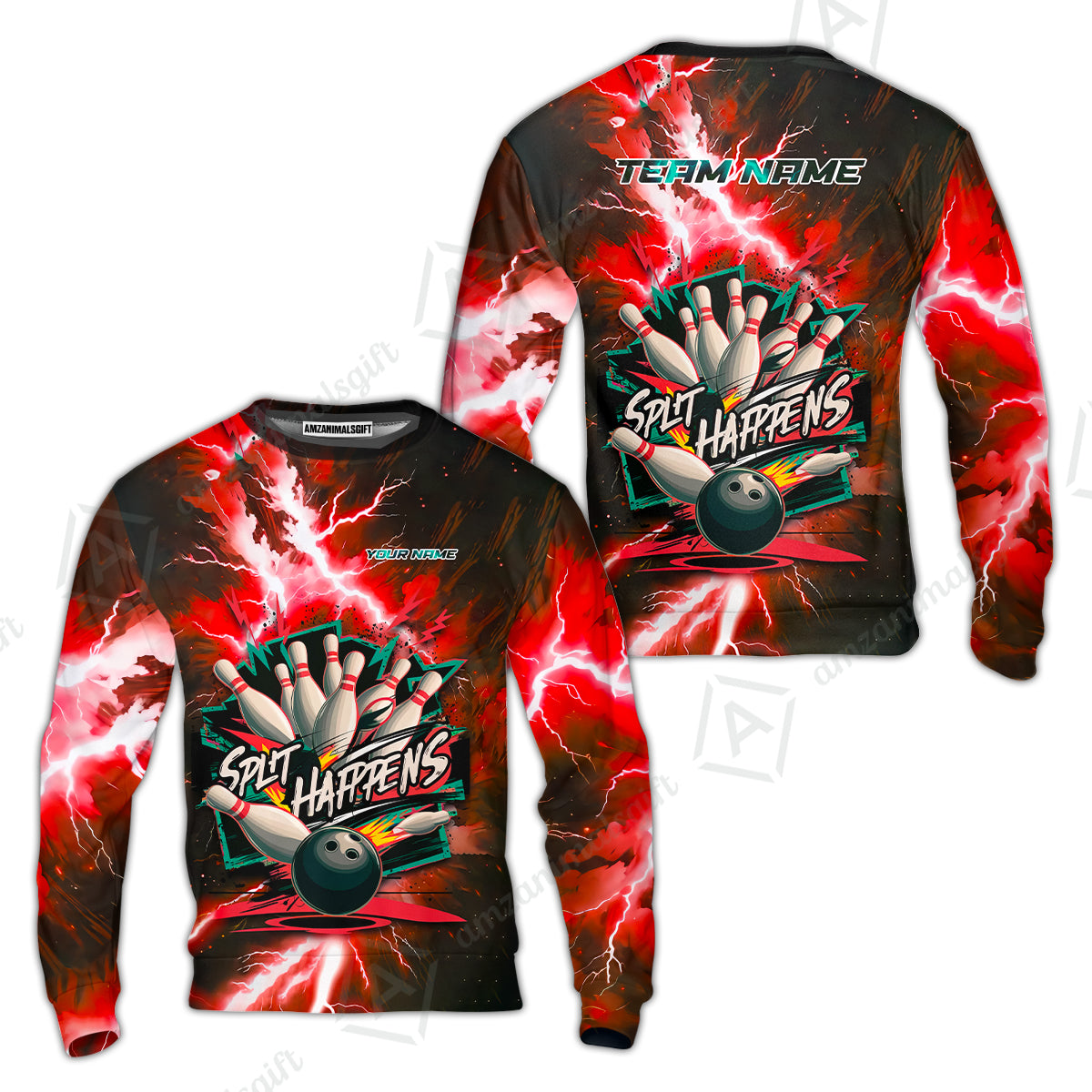 Custom Bowling Team Jersey, Split Happens - Electric Lightning, Bowling Uniforms, Personalize Name And Team Name