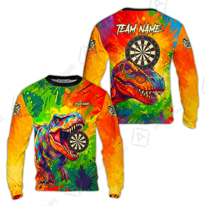 Custom Darts Jersey Polo Shirt, Colorful Splatter T-Rex Dino, Custom Dart Jersey Team Shirt For Players With Name & Team Name