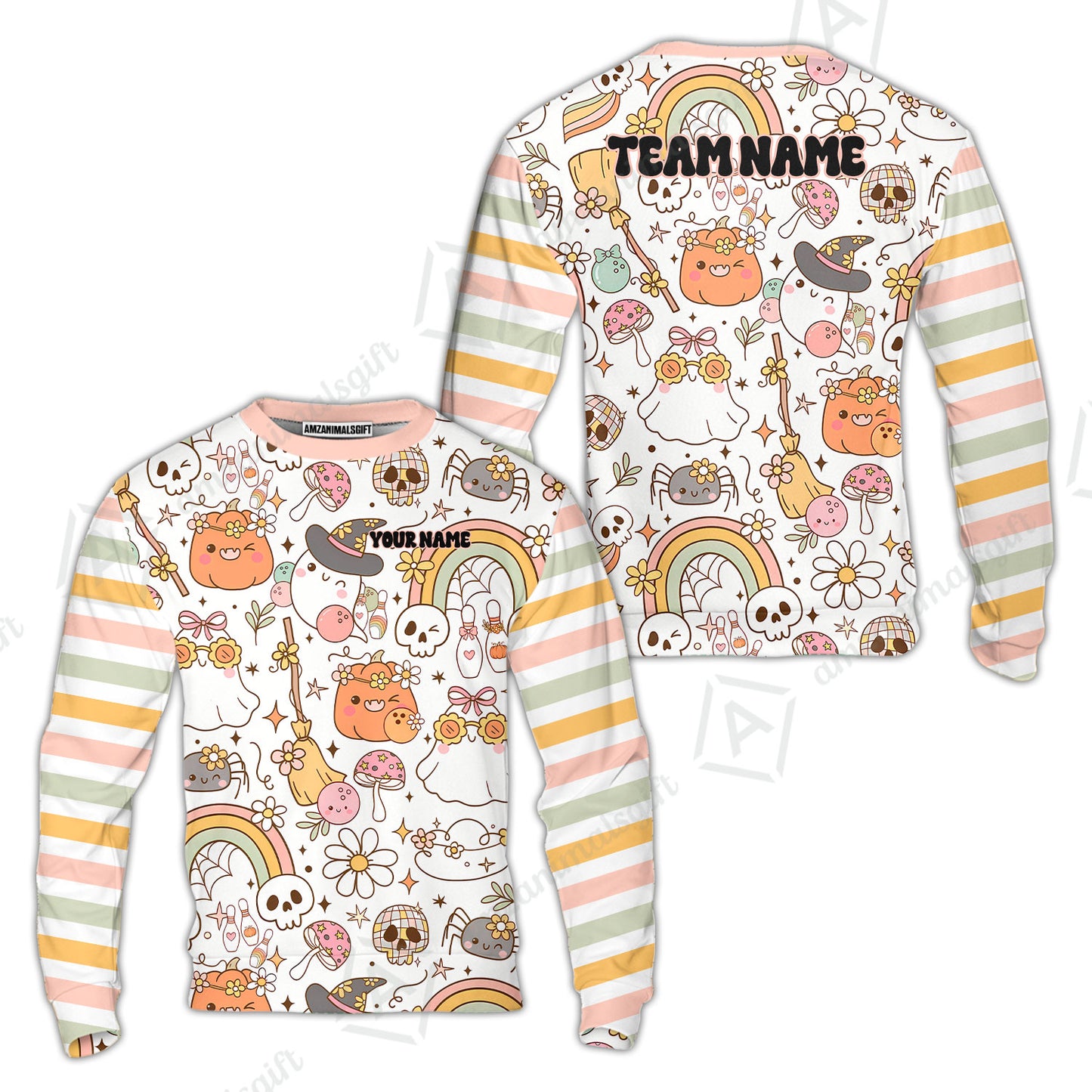 Customized Bowling Shirt, Mushroom Ghost Cute Rainbow Halloween Pattern Bowling, Personalized Polo Shirt For Players With Name & Team Name