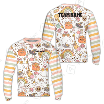 Customized Bowling Shirt, Mushroom Ghost Cute Rainbow Halloween Pattern Bowling, Personalized Polo Shirt For Players With Name & Team Name