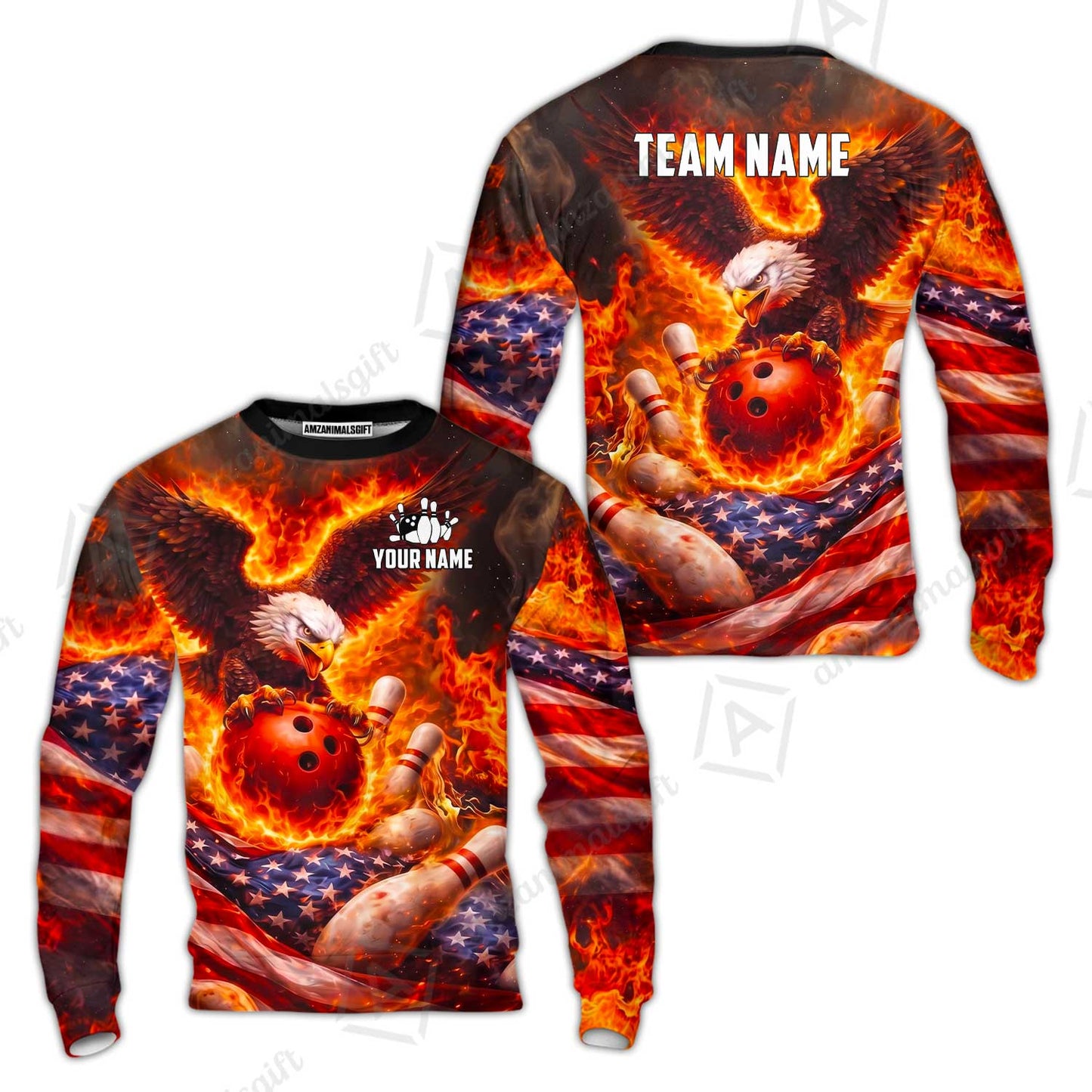 Custom Bowling Jersey Polo Shirt, Patriotic Blue Fire Eagle, Custom Bowling Jersey Team Shirt For Players With Name and Team Name