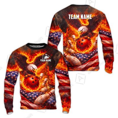 Custom Bowling Jersey Polo Shirt, Patriotic Blue Fire Eagle, Custom Bowling Jersey Team Shirt For Players With Name and Team Name