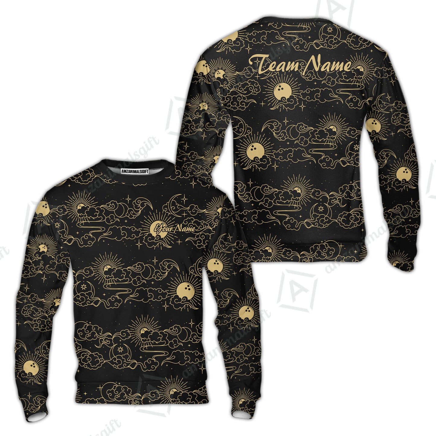Custom Bowling Jersey Polo Shirt, Black Gold Celestial Bowling, Custom Bowling Jersey Team Shirt For Players With Name & Team Name