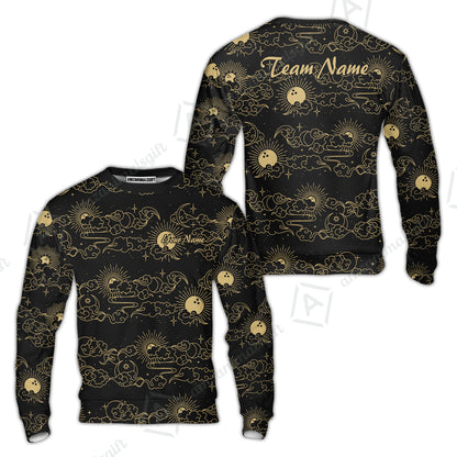Custom Bowling Jersey Polo Shirt, Black Gold Celestial Bowling, Custom Bowling Jersey Team Shirt For Players With Name & Team Name
