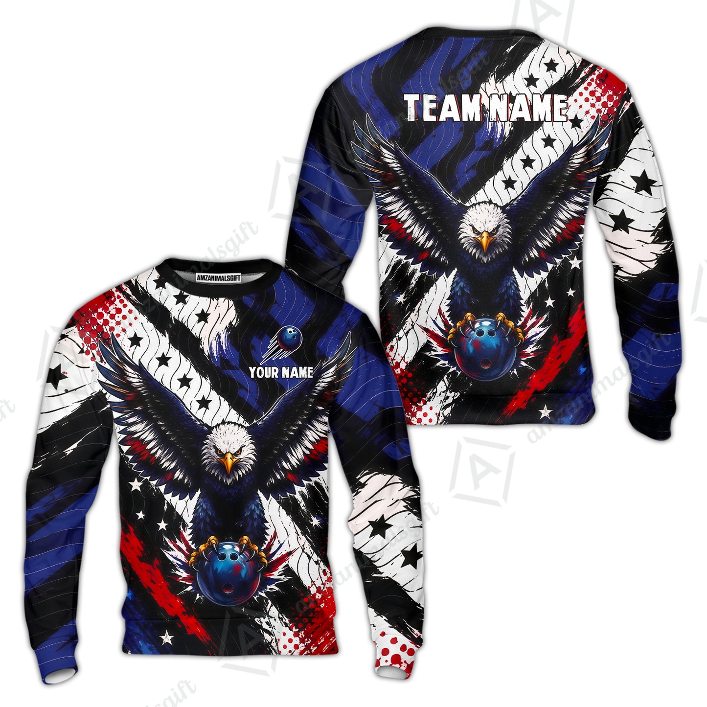 Custom Bowling Jersey Polo Shirt, American Flag And Eagle Hold Bowling Ball, Personalize Name and Team Name