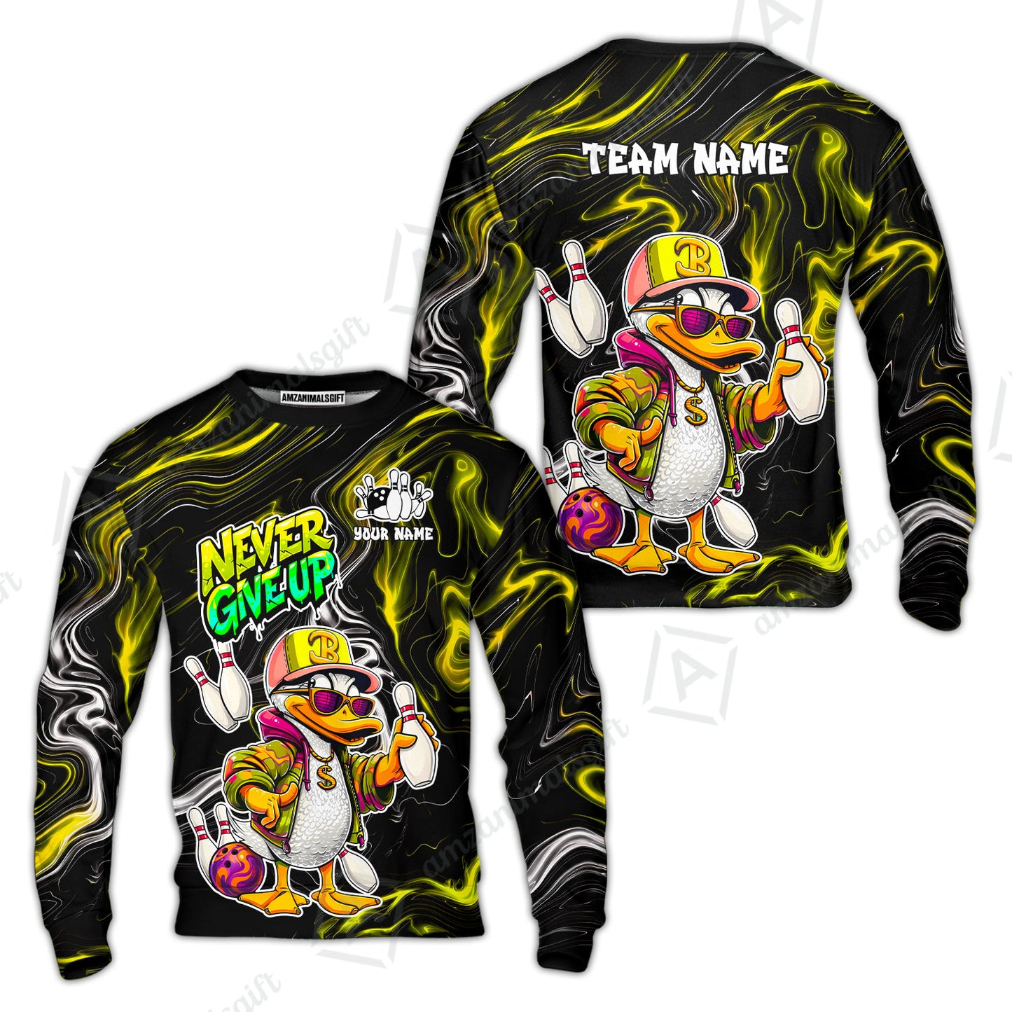Custom Bowling Jersey Polo Shirt, Duck Never Give Up, Custom Bowling Jersey Team Shirt For Players With Name & Team Name