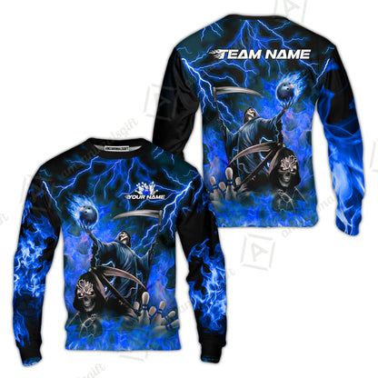 Custom Bowling Team Quarter-Zip Polo Shirt, Grim Reaper Skull With Flame Bowling Lightning Design for Bowlers, Personalized Shirt with Name and Team Name