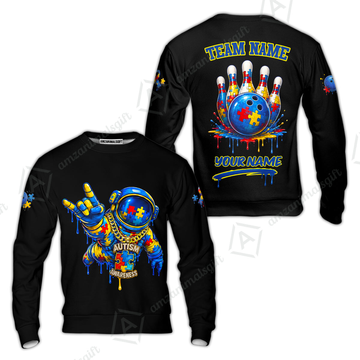 Customized Rainbow Puzzle Astronaut Awareness Bowling Jersey, Custom Name And Team Name For Bowlers