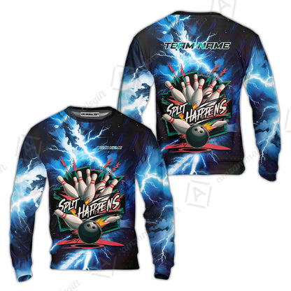 Custom Bowling Team Jersey, Split Happens - Electric Lightning, Bowling Uniforms, Personalize Name And Team Name