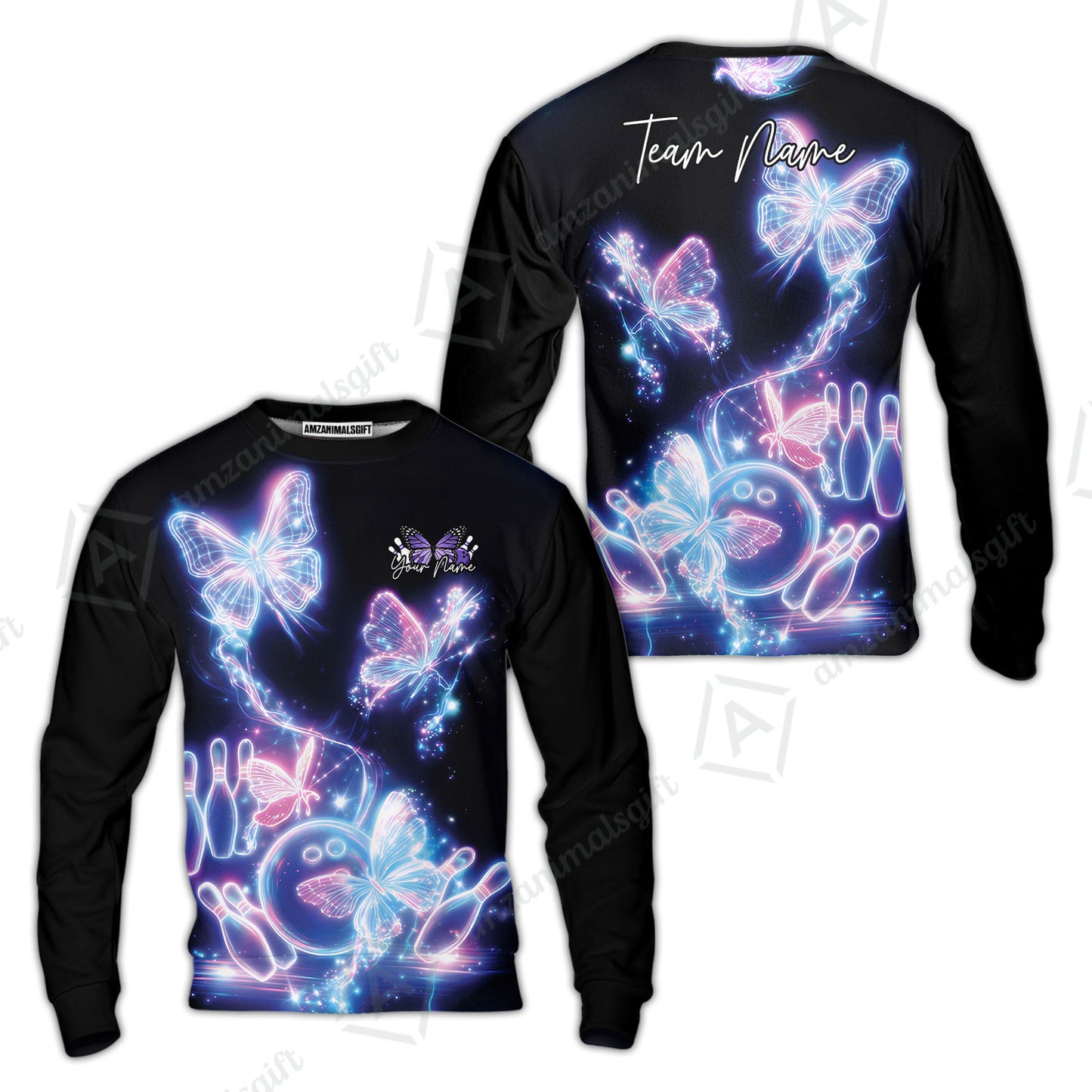 Custom Bowling Jersey Polo Shirt, Neon Electric Radiant Butterfly Glow, Custom Bowling Jersey Team Shirt For Players With Name & Team Name