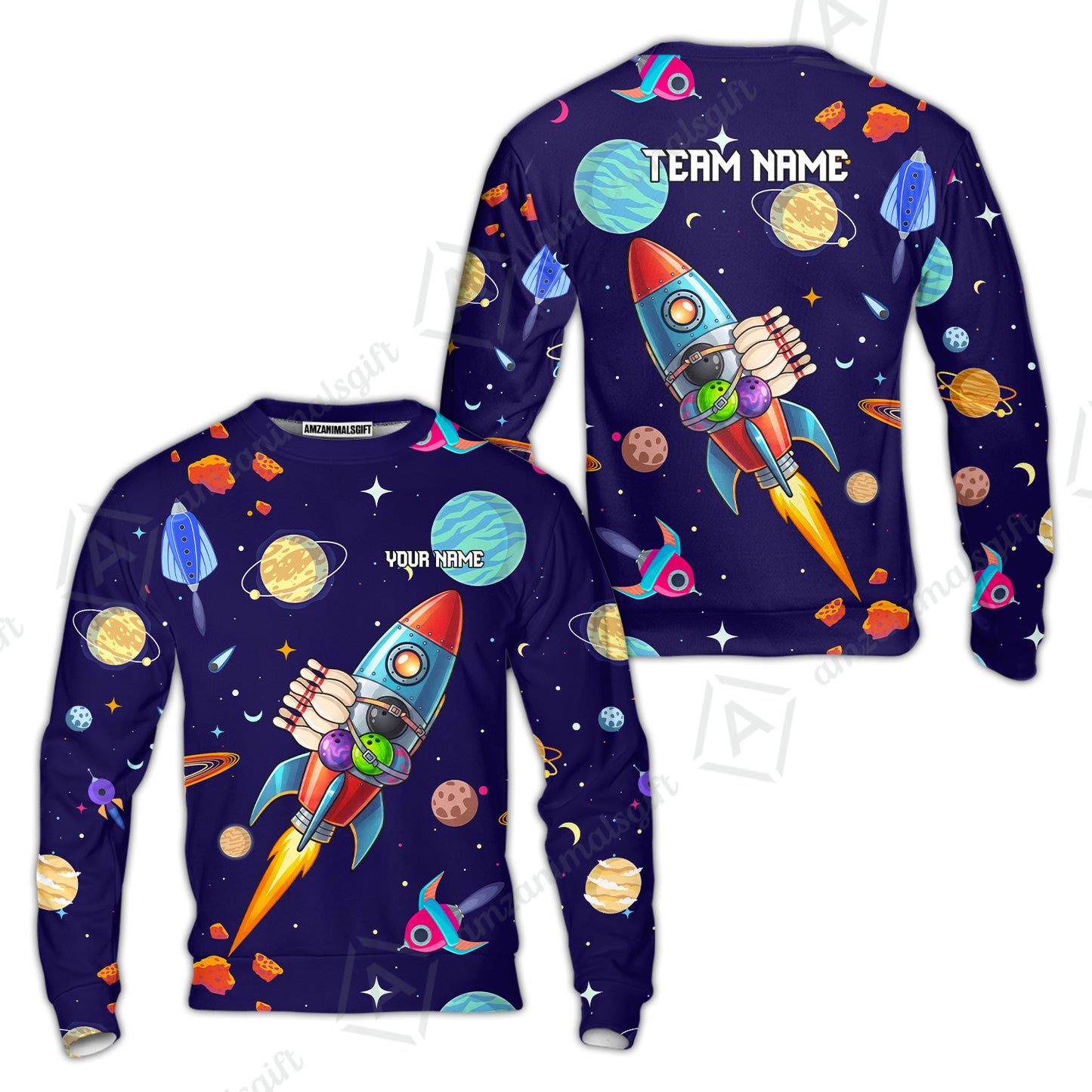 Custom Bowling Jersey Polo Shirt, Rockets Into Space, Custom Bowling Jersey Team Shirt For Players With Name and Team Name