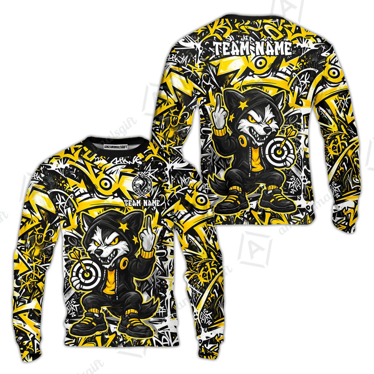 Customized Darts Team Uniform Shirt, Cool Cartoon Wolf With Dartboard, Personalized Name And Team Name