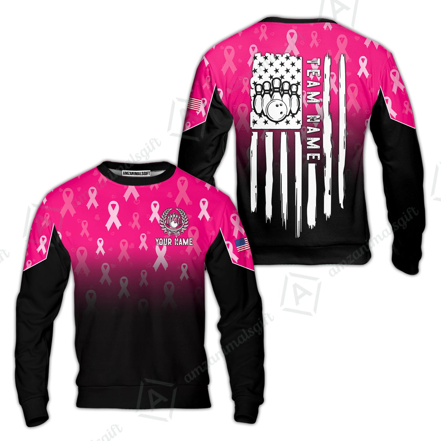 Custom Bowling Jersey Polo Shirt, Ribbon Breast Cancer Awareness Flag, Custom Bowling Jersey Team Shirt For Players With Name and Team Name