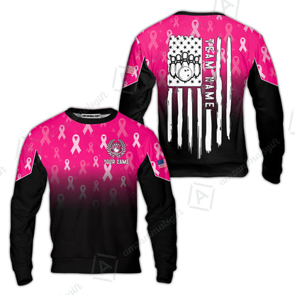 Custom Bowling Jersey Polo Shirt, Ribbon Breast Cancer Awareness Flag, Custom Bowling Jersey Team Shirt For Players With Name and Team Name