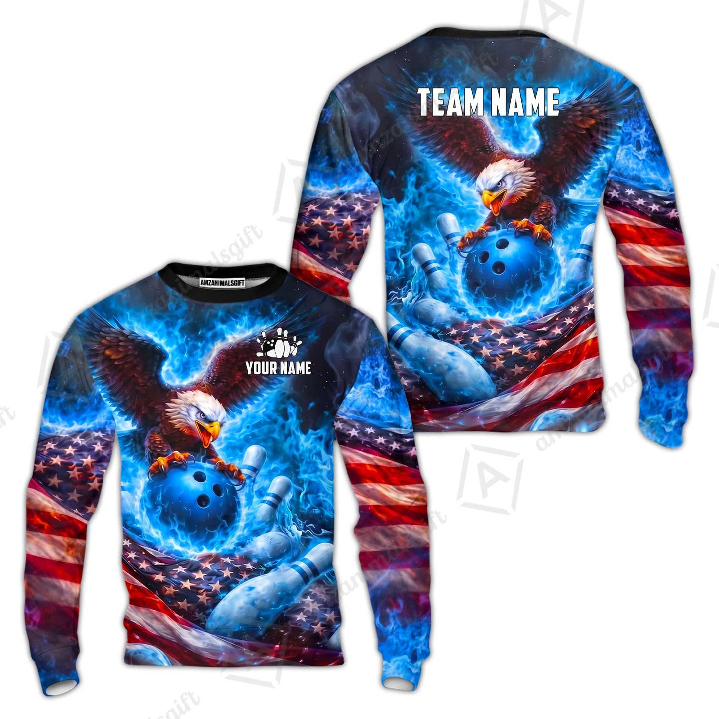 Custom Bowling Jersey Polo Shirt, Patriotic Blue Fire Eagle, Custom Bowling Jersey Team Shirt For Players With Name and Team Name