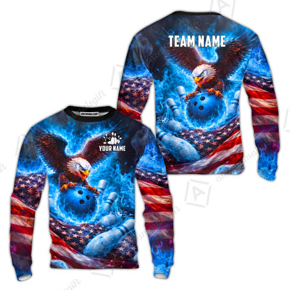 Custom Bowling Jersey Polo Shirt, Patriotic Blue Fire Eagle, Custom Bowling Jersey Team Shirt For Players With Name and Team Name