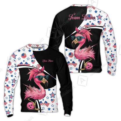 Custom Flamingo America Flag Bowling Jersey Polo Shirt, Custom Flamingo America Flag Bowling Jersey Team Shirt For Players With Name & Team Name
