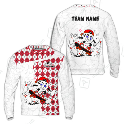 Custom Bowling Jersey Polo Shirt, Skateboarder Bowling Ball Mascot, Custom Bowling Jersey Team Shirt For Players With Name and Team Name