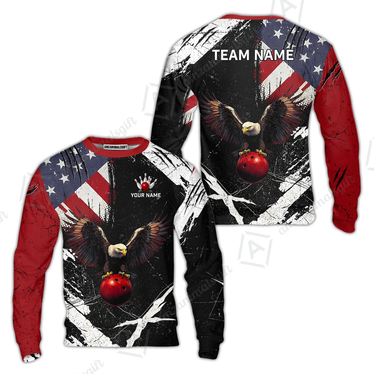 Custom Bowling Jersey Polo Shirt, Patriotic Bald Eagle Distressed American Flag Grunge, Custom Bowling Jersey Team Shirt For Players With Name & Team Name