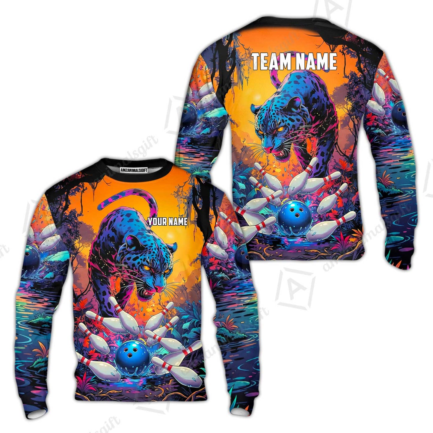 Custom Bowling Jersey Polo Shirt, Psychedelic Neon Jungle Jaguar, Custom Bowling Jersey Team Shirt For Players With Name and Team Name