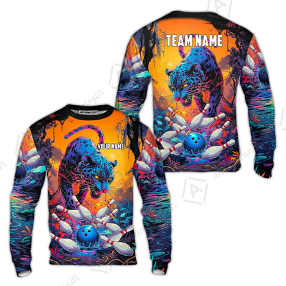 Custom Bowling Jersey Polo Shirt, Psychedelic Neon Jungle Jaguar, Custom Bowling Jersey Team Shirt For Players With Name and Team Name