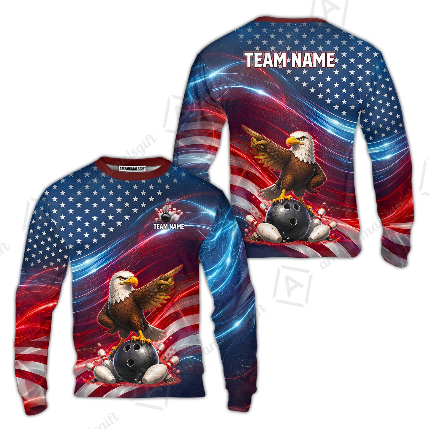 Custom Bowling Jersey Polo Shirt, Eagle Bowling Flag America Thunder Wave, Custom Bowling Jersey Team Shirt For Players With Name and Team Name