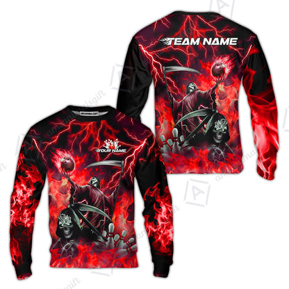 Custom Bowling Team Quarter-Zip Polo Shirt, Grim Reaper Skull With Flame Bowling Lightning Design for Bowlers, Personalized Shirt with Name and Team Name