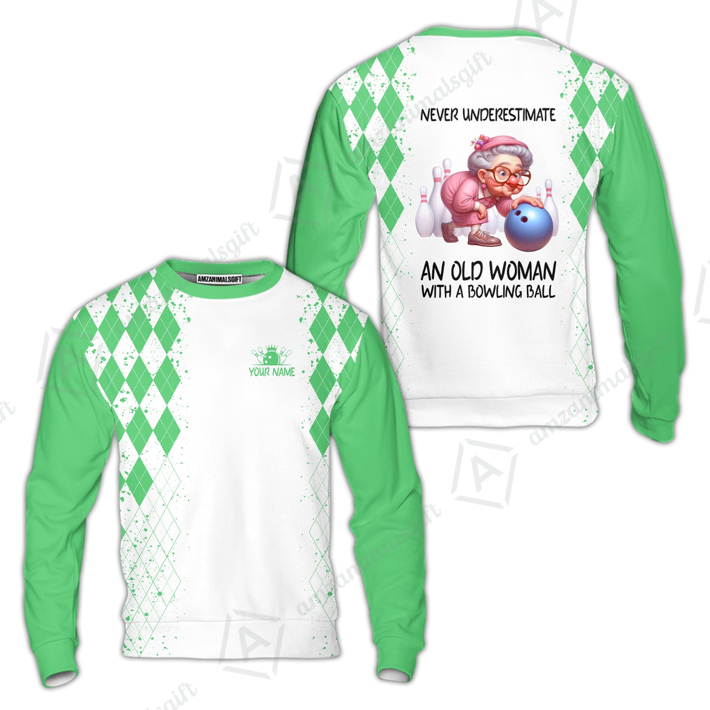 Custom Bowling Jersey Polo Shirt, Never Underestimate An Old Woman With A Bowling Ball, Personalized Name & Team Name