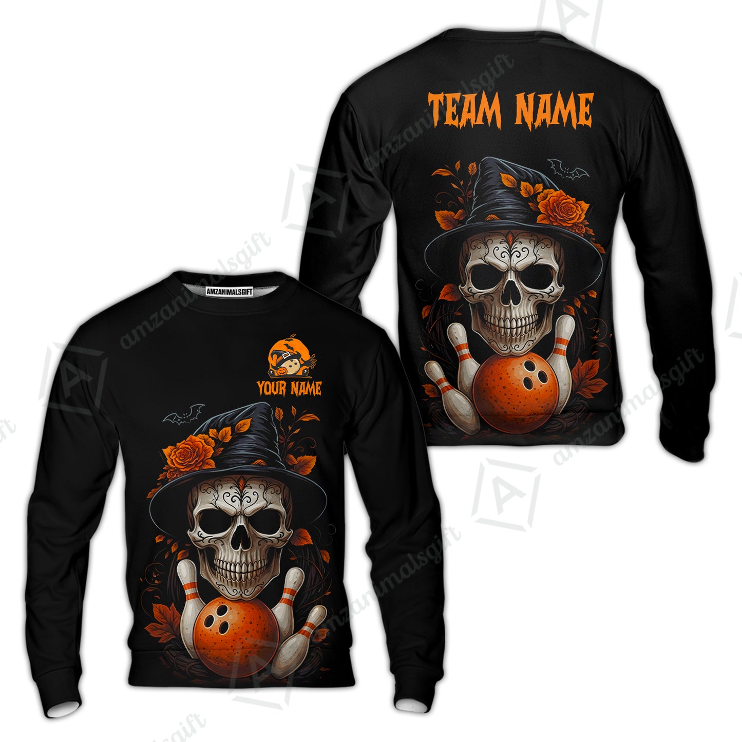 Customized Bowling Shirt, Halloween Skull Witch, Personalized Polo Shirt For Players With Name & Team Name