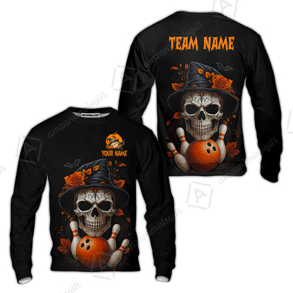 Customized Bowling Shirt, Halloween Skull Witch, Personalized Polo Shirt For Players With Name & Team Name
