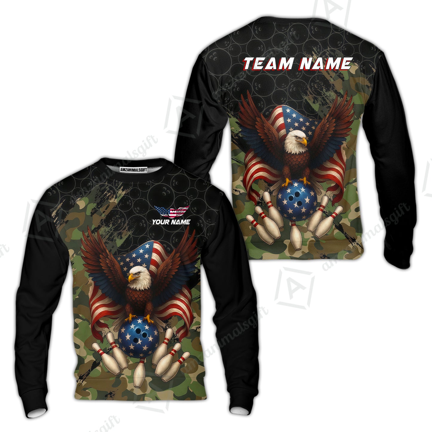 Custom Bowling Jersey Polo Shirt, Forest Camo Patriotic Bowling, Custom Bowling Jersey Team Shirt For Players With Name & Team Name