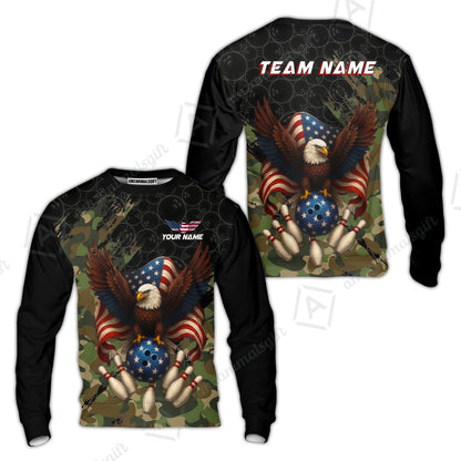 Custom Bowling Jersey Polo Shirt, Forest Camo Patriotic Bowling, Custom Bowling Jersey Team Shirt For Players With Name & Team Name