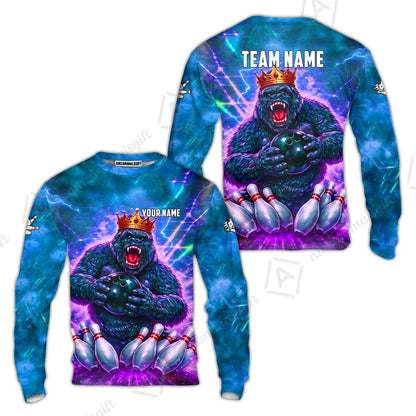 Custom Bowling Jersey Polo Shirt, King Gorilla Holding Bowling Ball, Custom Bowling Jersey Team Shirt For Players With Name & Team Name