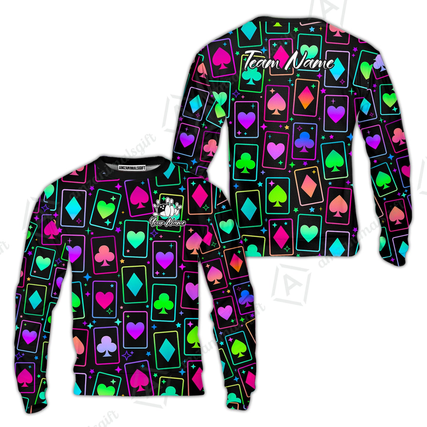 Custom Bowling Jersey Polo Shirt, Cards Neon Bowling, Custom Bowling Jersey Team Shirt For Players With Name and Team Name