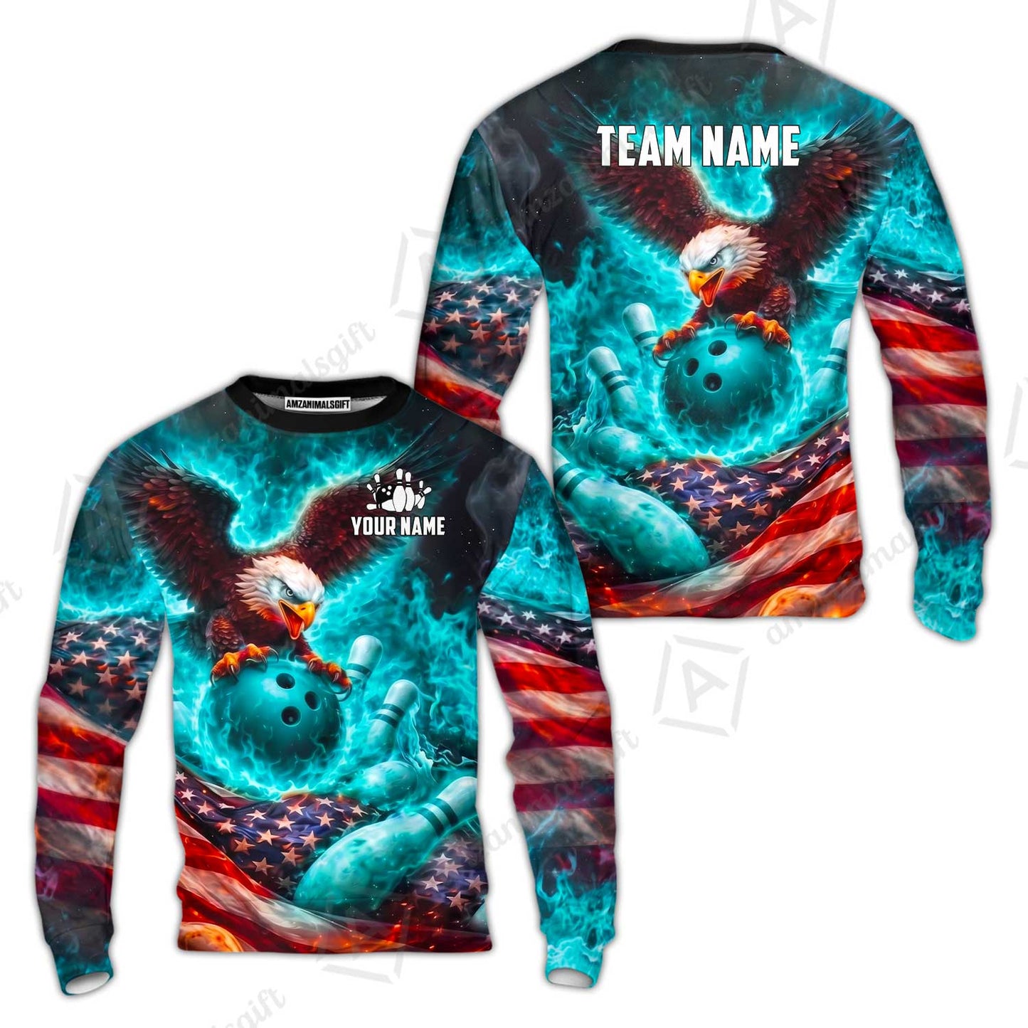 Custom Bowling Jersey Polo Shirt, Patriotic Blue Fire Eagle, Custom Bowling Jersey Team Shirt For Players With Name and Team Name