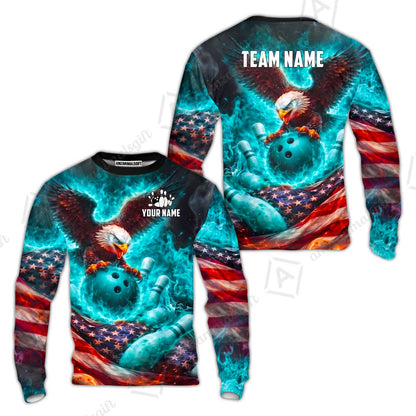 Custom Bowling Jersey Polo Shirt, Patriotic Blue Fire Eagle, Custom Bowling Jersey Team Shirt For Players With Name and Team Name