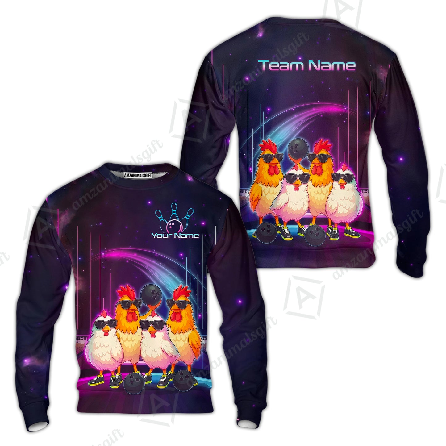 Custom Bowling Jersey Polo Shirt, Funny Cool Chickens Neon Cosmic, Custom Bowling Jersey Team Shirt For Players With Name & Team Name